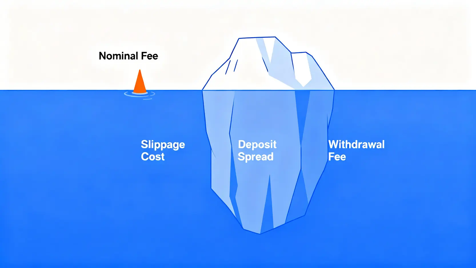 加密貨幣交易的真實成本冰山圖,顯示手續費只是冰山一角,而價差滑點、入金匯損和提領費用是更大的隱藏成本。