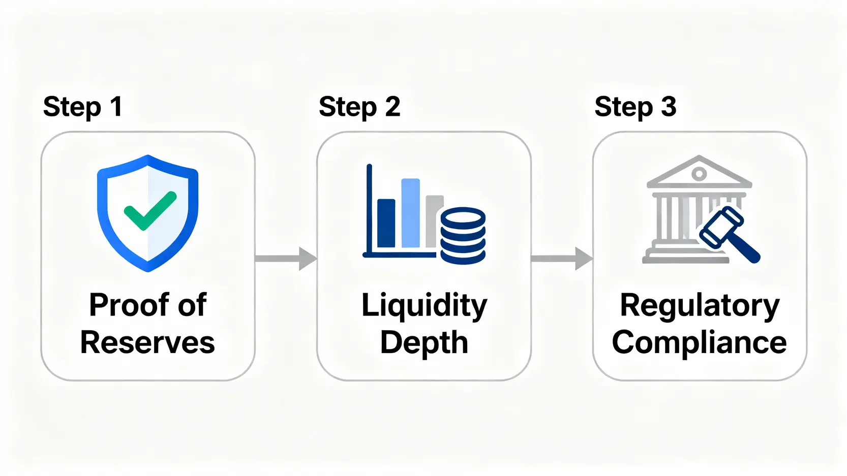 審計加密貨幣交易所的三個步驟流程圖:第一步檢查儲備金證明,第二步分析流動性深度,第三步驗證監管合規。