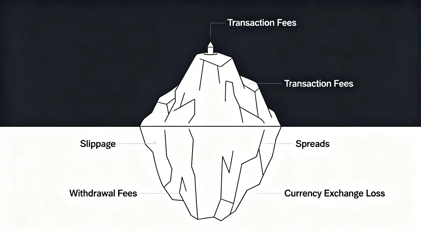 交易成本冰山圖,顯示手續費只是可見的小部分,而滑點、價差等隱藏成本才是水下巨大的部分。