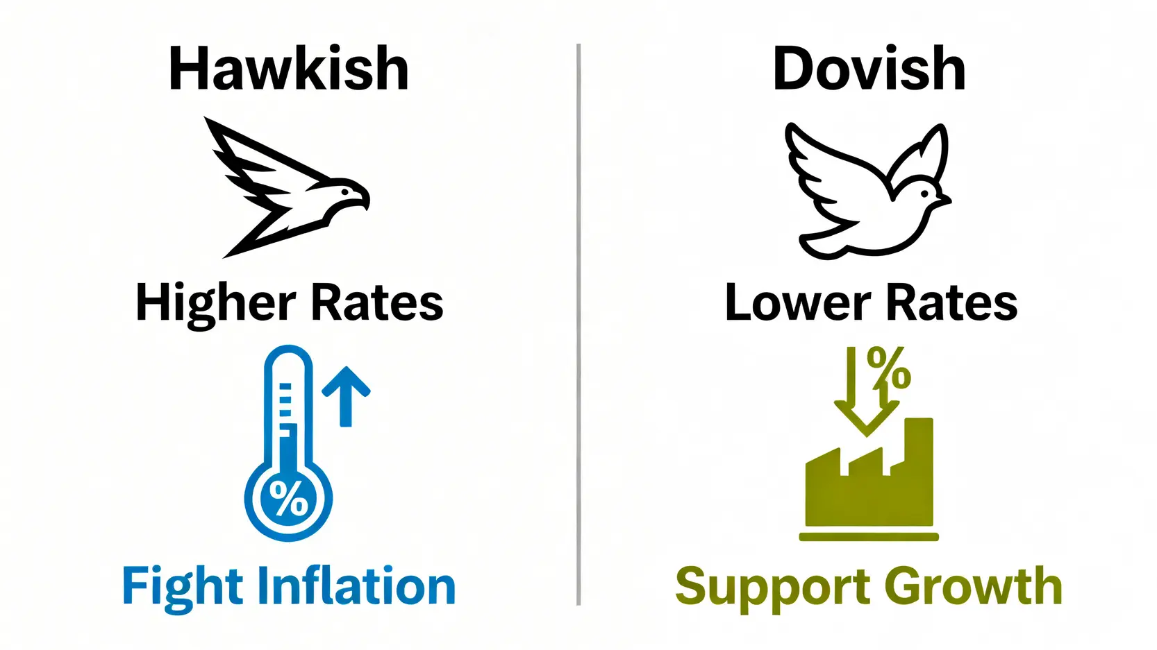 鷹派與鴿派政策對比圖,左邊是代表升息抗通膨的鷹,右邊是代表降息促成長的鴿子。