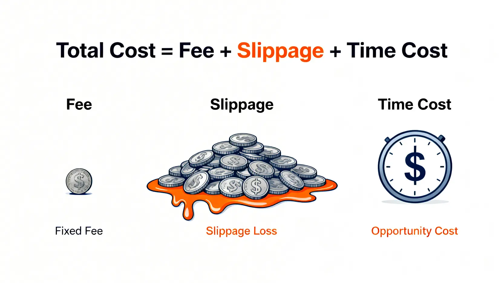 總體出金成本概念圖,顯示成本由微小的固定手續費、巨大的滑點損失和時間機會成本三部分組成。