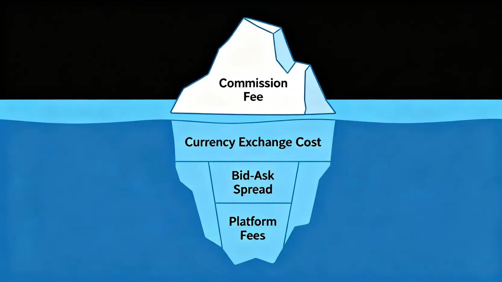 投資總持有成本的冰山模型圖,顯示手續費僅為可見的一小部分,而大部分隱性成本藏在水面下。
