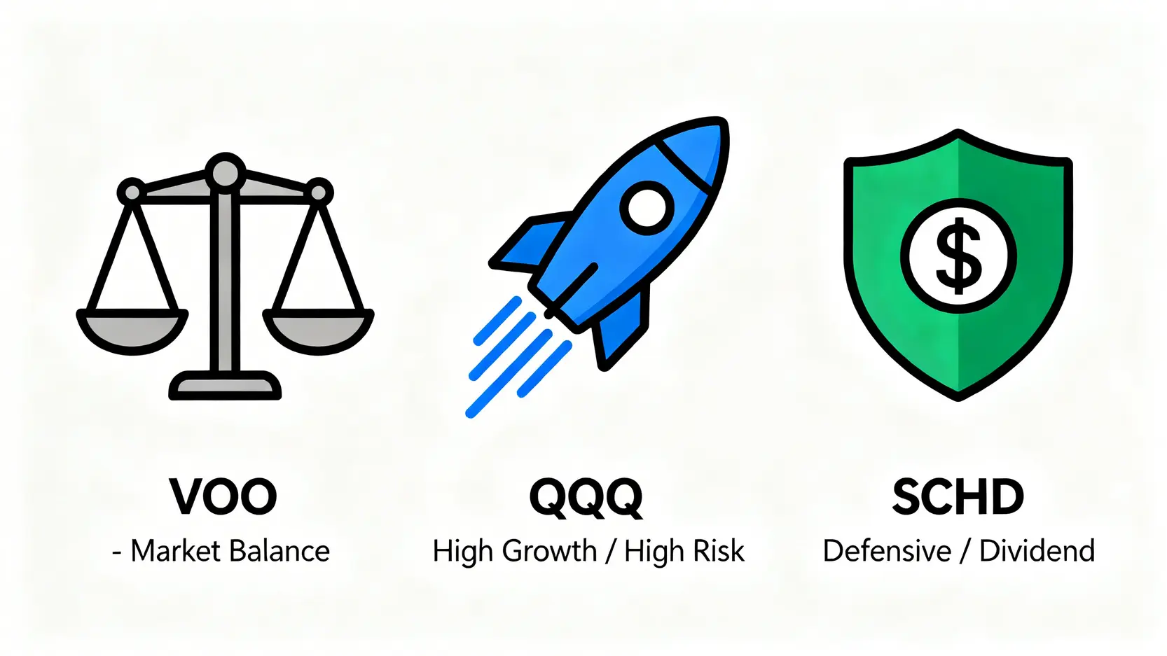VOO、QQQ、SCHD三種ETF的風險與特性對比圖,分別用天秤、火箭和盾牌代表其市場平衡、高成長與防禦性特點。