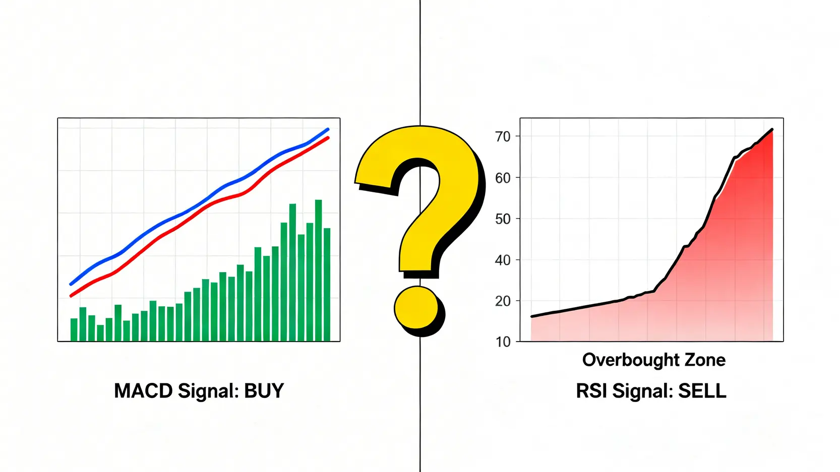 MACD指標顯示黃金交叉買入信號,而RSI指標顯示超買賣出信號的衝突示意圖