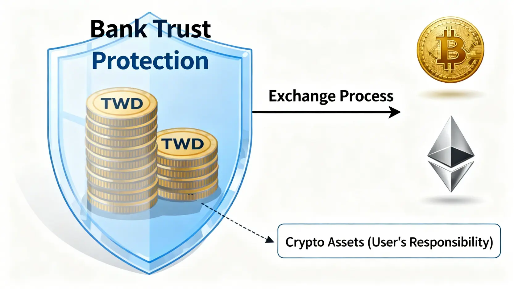 銀行信託保障範圍示意圖,顯示僅保護新台幣資金,不包含加密貨幣。