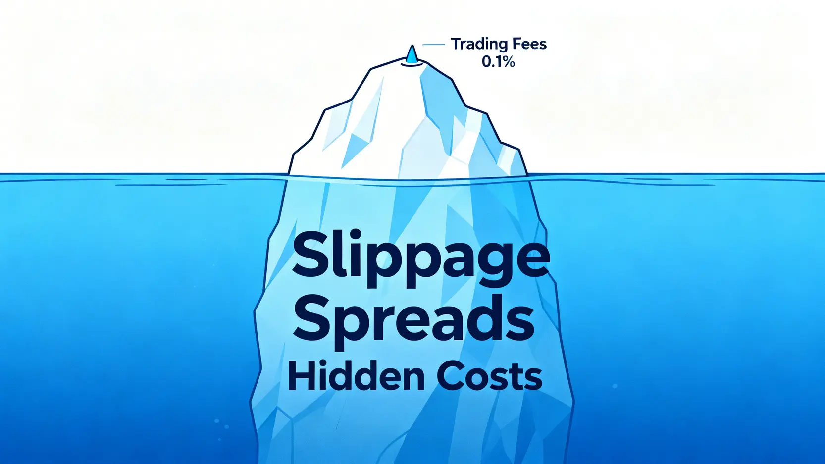 交易成本冰山圖,顯示可見的手續費只是冰山一角,而滑點等隱藏成本佔據了水下更大部分。