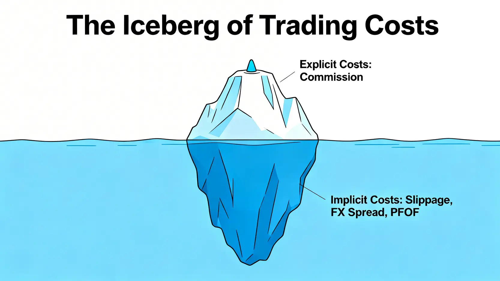 交易成本冰山圖,顯示手續費只是可見的小部分,而滑點和價差等隱性成本是水下巨大的部分。