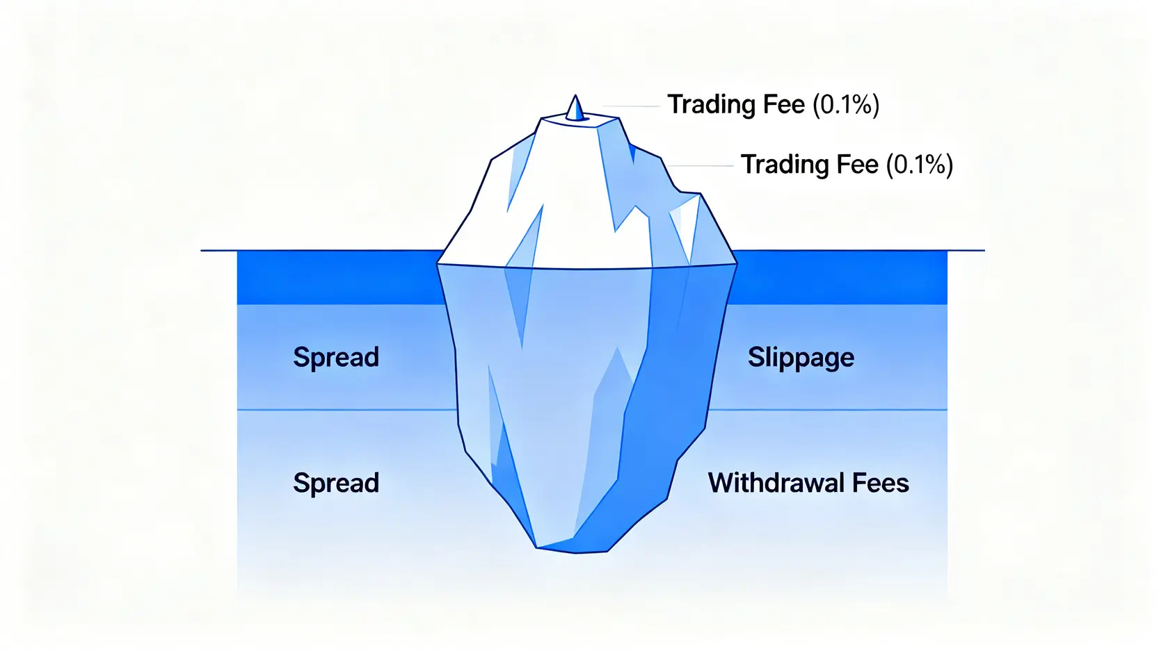 比特幣交易成本冰山圖,顯示可見的交易手續費只是總成本的一小部分,而價差、滑點等隱藏成本佔據了更大部分。