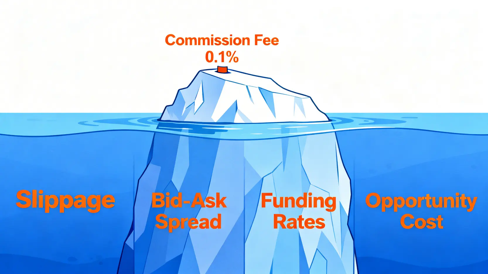 交易總成本冰山圖,顯示可見的手續費只是冰山一角,而滑點、買賣價差等隱藏成本佔了絕大部分。