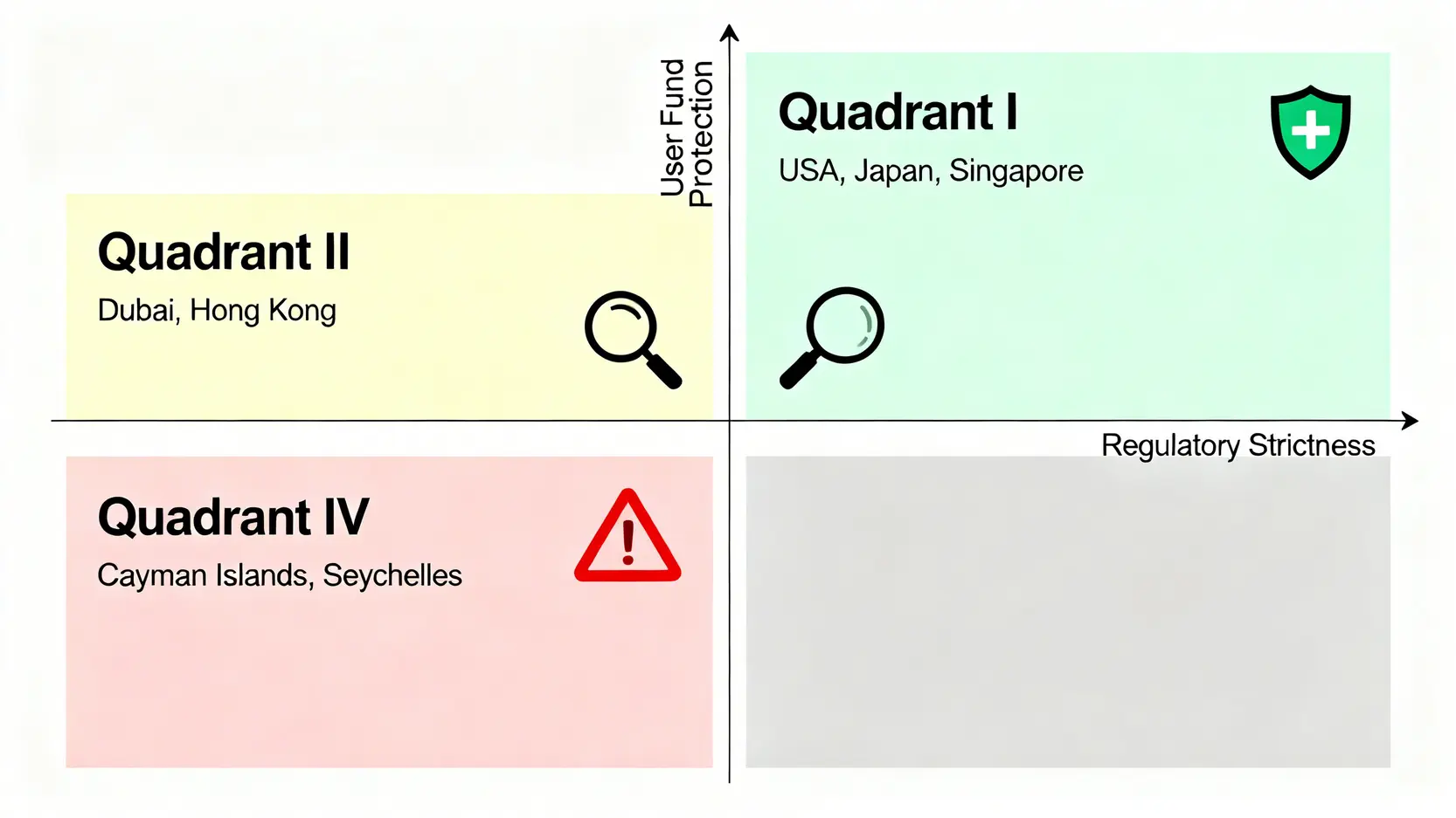 全球交易所監管風險矩陣圖,以監管嚴格度和用戶資金保障度為軸,劃分出高保障、中保障和低保障的交易所類型與對應地區。
