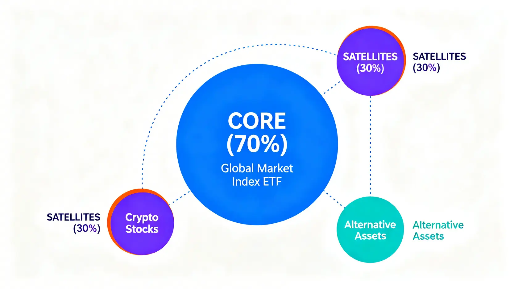 核心衛星投資策略示意圖,展示了70%的核心資產(如全球指數ETF)和30%的衛星資產(如加密貨幣、科技股)的資產配置結構。