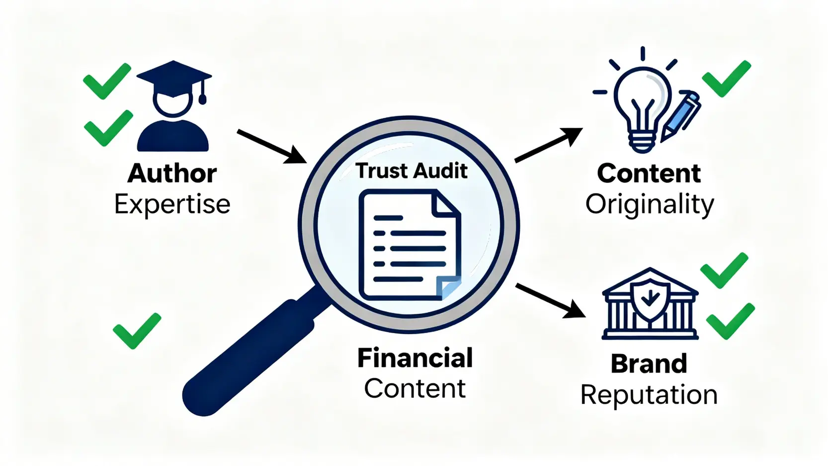 一張概念圖,說明搜尋引擎如何像信任審計官一樣,從作者專業度、內容原創性和品牌聲譽三個方面來審核金融內容。