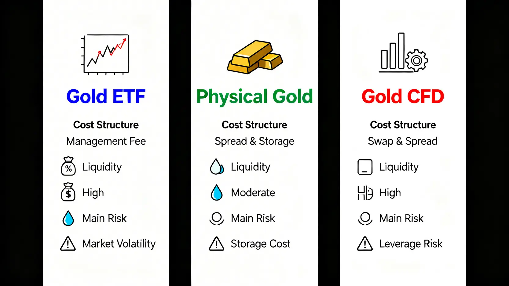 黃金ETF、實體黃金與黃金CFD三種投資管道在成本、流動性與風險上的比較圖。