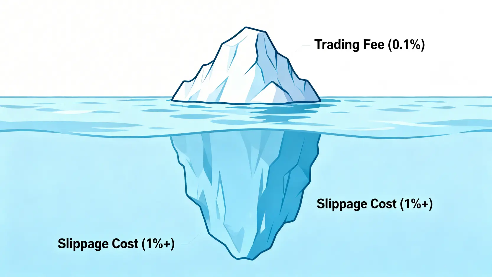 交易成本冰山圖,顯示手續費是可見的小部分,而滑點是巨大的隱藏成本。