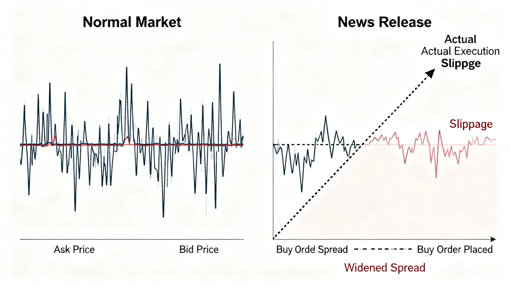 點差與滑價示意圖,對比正常市場與新聞發布時的狀況。圖中顯示新聞發布時買賣價差擴大,且實際成交價位因滑價而偏離預期。
