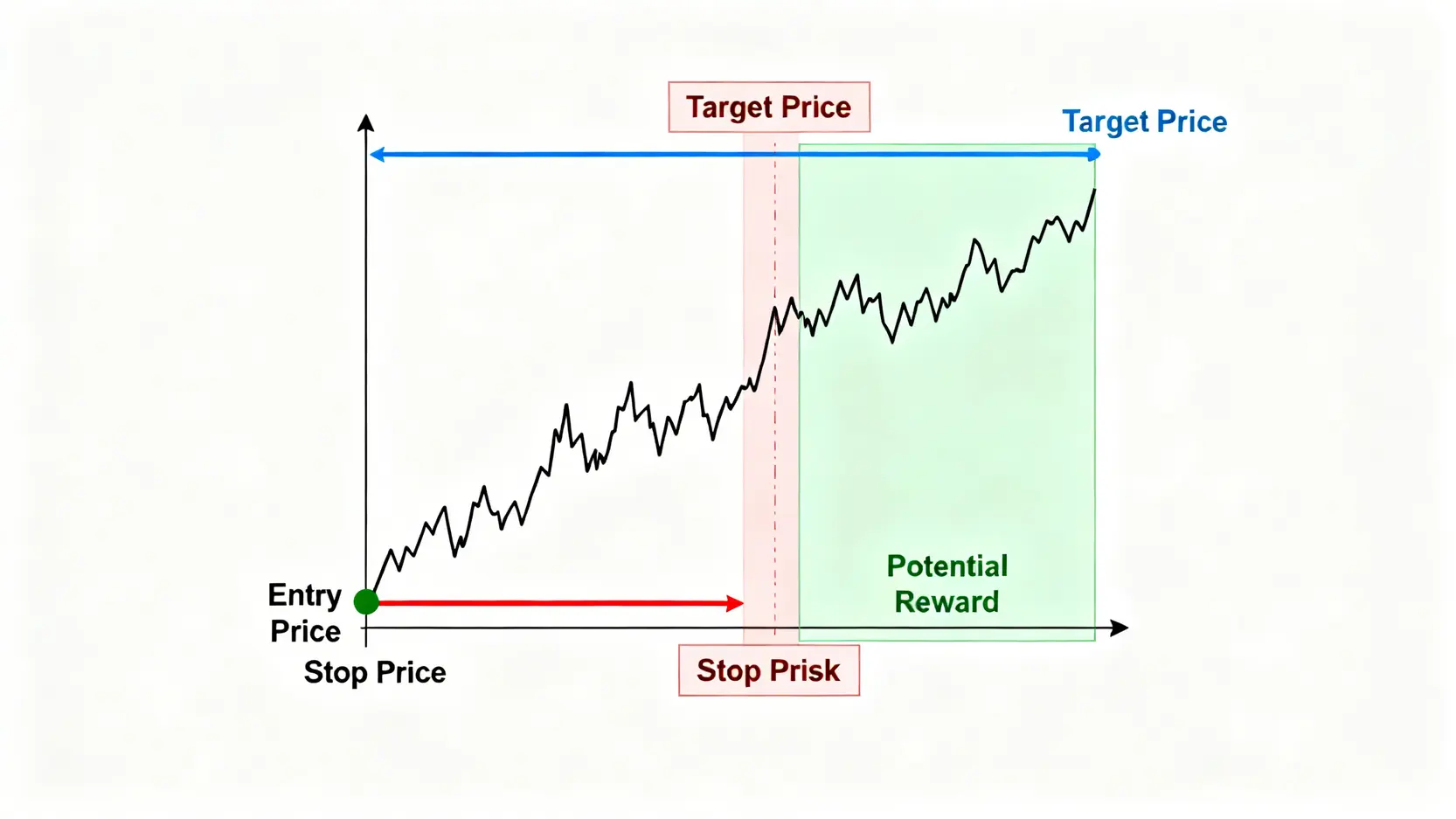 風險報酬比示意圖,圖中標示了交易的進場價、停損價和目標價,並用方塊清晰展示了潛在風險與潛在回報的比例關係。