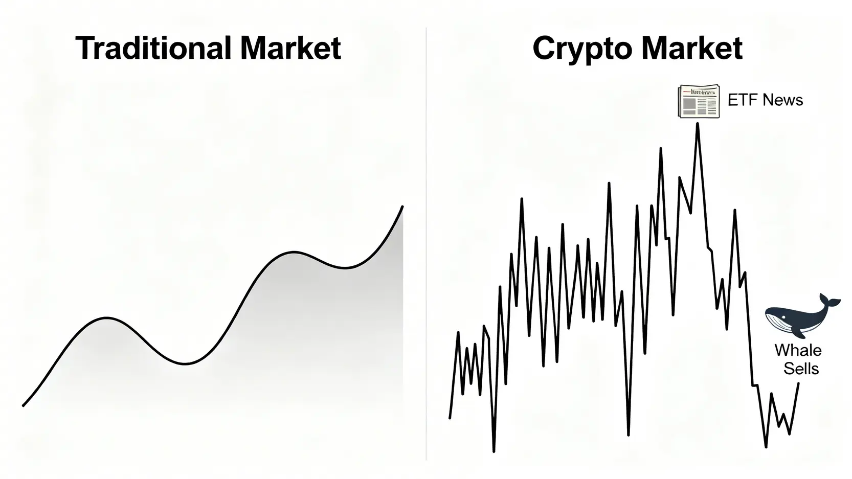 傳統市場與加密貨幣市場的波動性對比圖,顯示加密市場受新聞和巨鯨活動影響而產生劇烈波動。