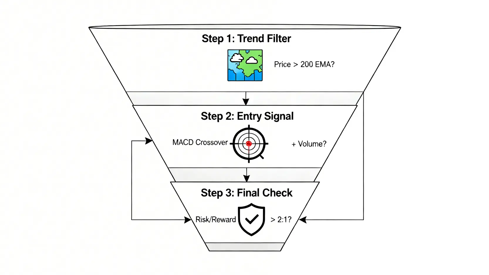 一個三層決策流程圖,展示了從趨勢判斷、進場信號確認到風險檢查的交易系統步驟。