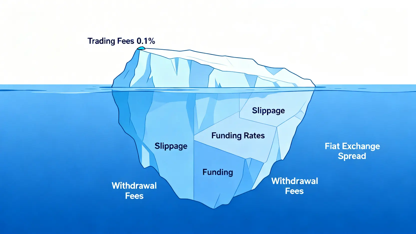 加密貨幣投資成本冰山圖,顯示可見的手續費與水面下隱藏的滑點、資金費率等成本。