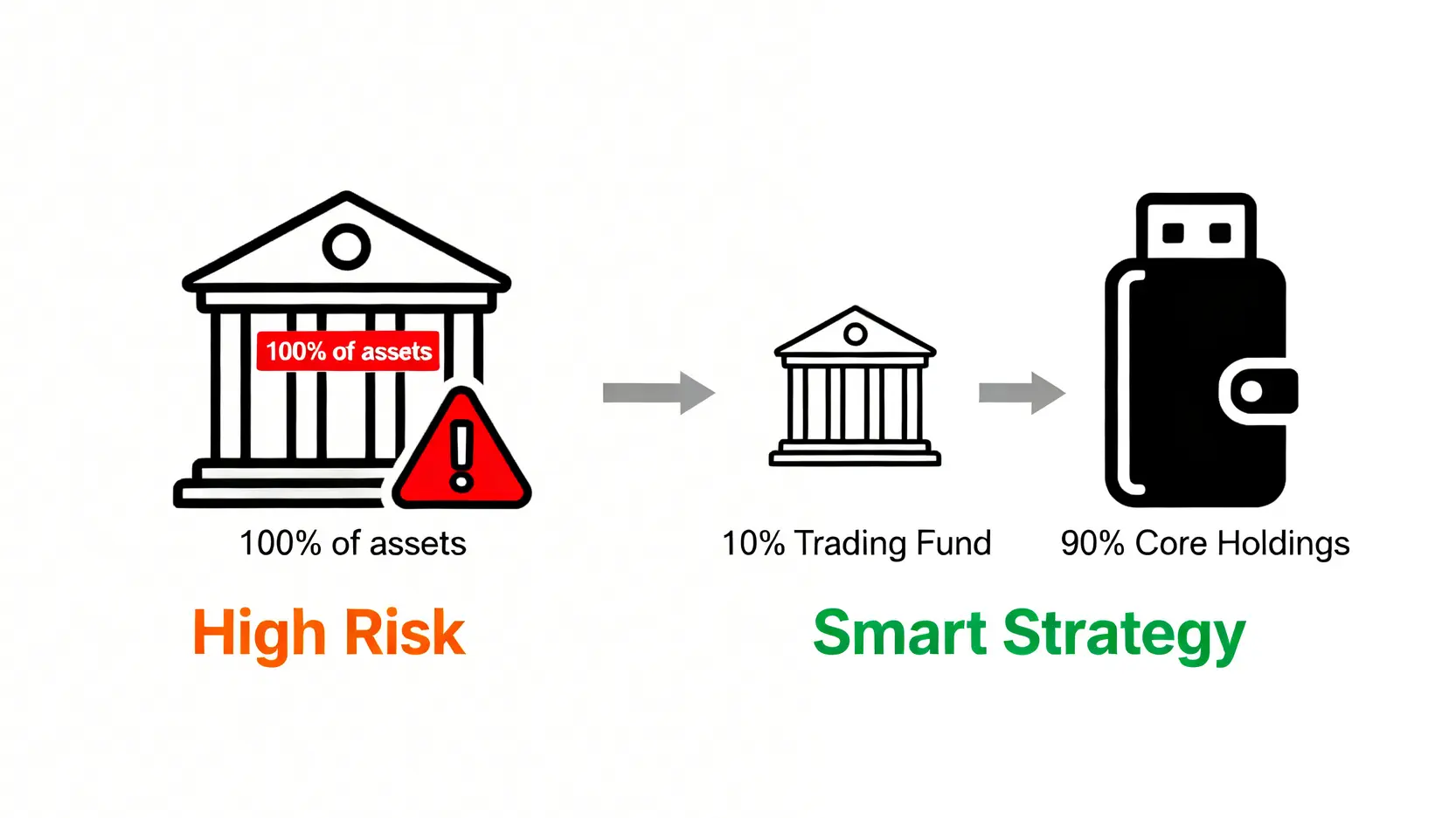 理想的加密貨幣資產配置策略圖,比較100%資產放交易所的高風險做法與90%資產存於冷錢包的智慧策略。