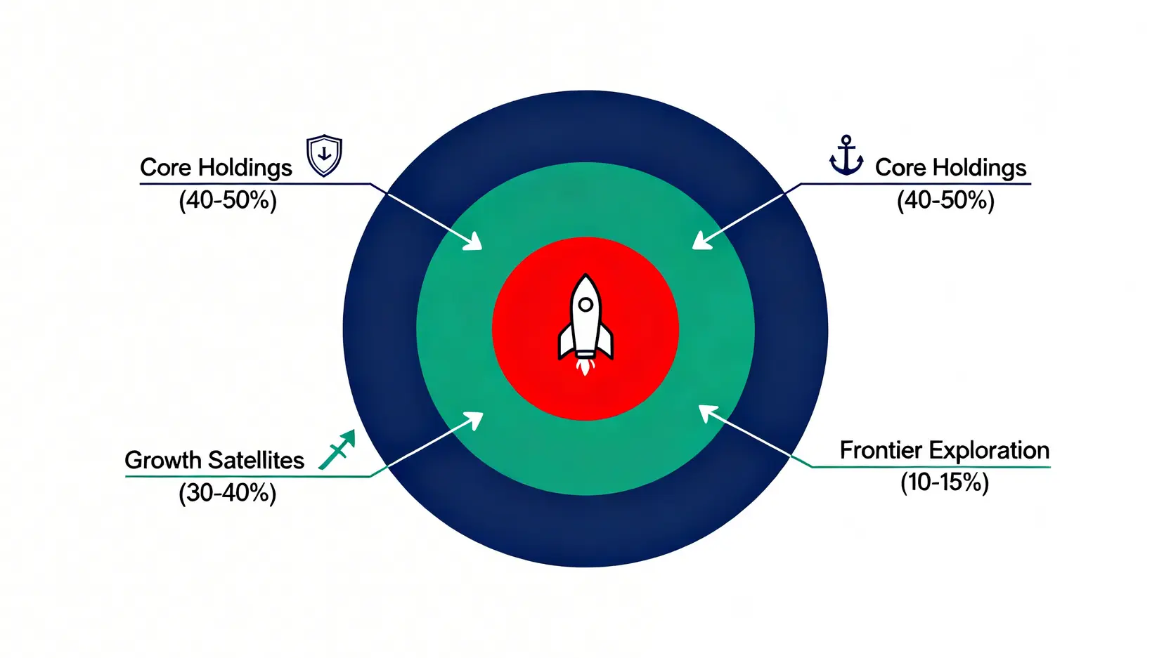 AI投資資產配置策略同心圓圖,由外到內分別是核心持倉、增長衛星和前沿探索,標示了各自的建議資產比例。