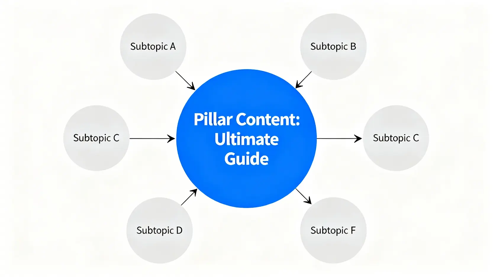 主題集群模型示意圖,展示了支柱內容與集群內容之間的中心輻射關係。