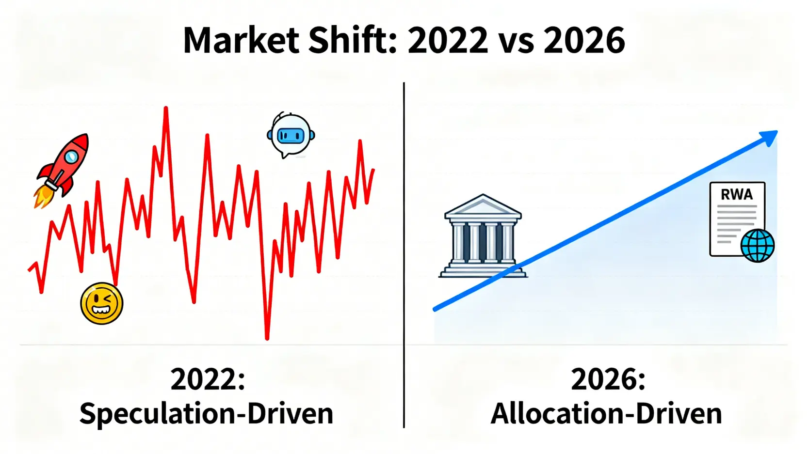 一張對比圖,展示了數位資產市場從2022年的投機驅動轉變為2026年的配置驅動,後者以機構和現實世界資產為基礎。