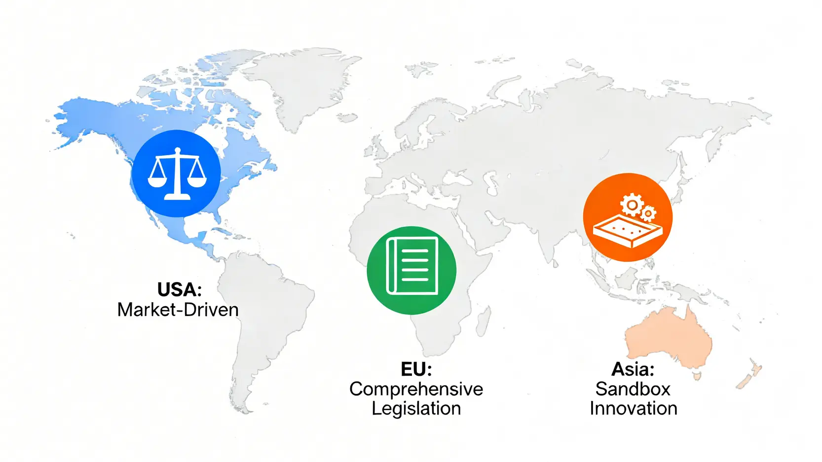 一張全球監管版圖,展示了美國(市場驅動)、歐盟(全面立法)和亞洲(沙盒創新)三大陣營對數位資產的不同監管模式。