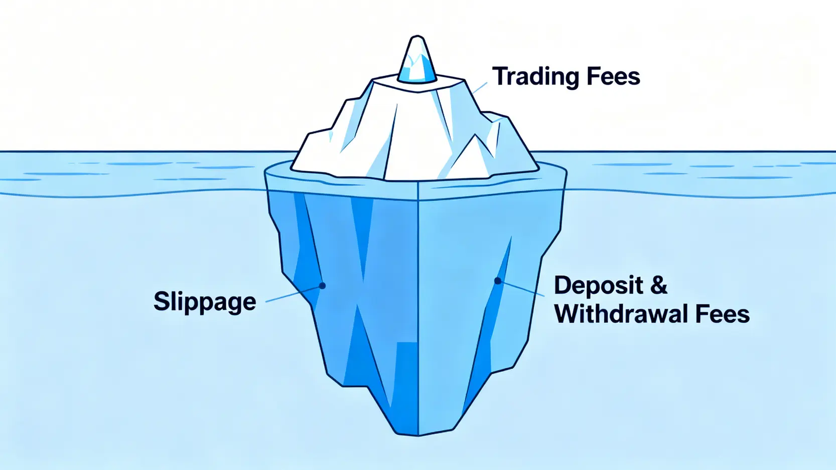總交易成本的冰山模型圖,顯示手續費只是可見的一小部分,而交易滑價和出入金費用是更大的隱藏成本。