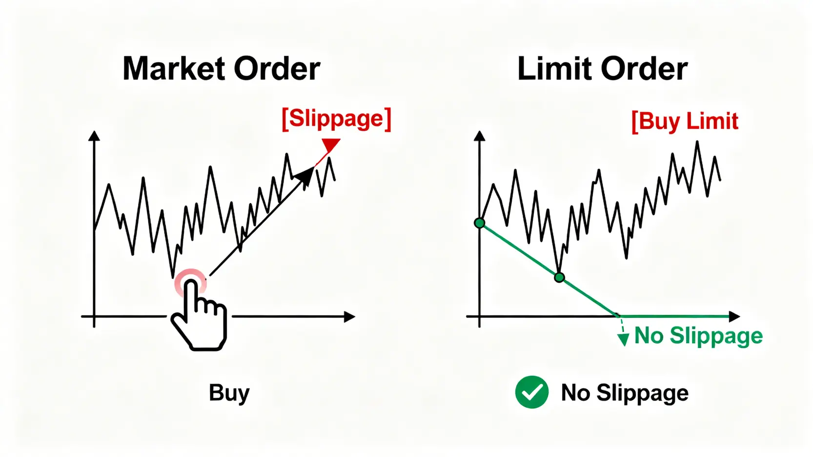 市價單與限價單的對比圖,顯示市價單在市場波動時可能產生滑價,而限價單能精確成交在設定價格。