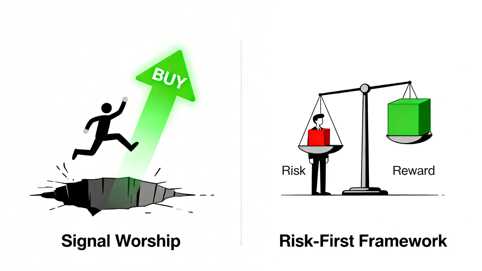 兩種交易思維對比圖:信號崇拜者盲目追隨買入信號掉入陷阱,而風險優先者則在權衡風險與回報。