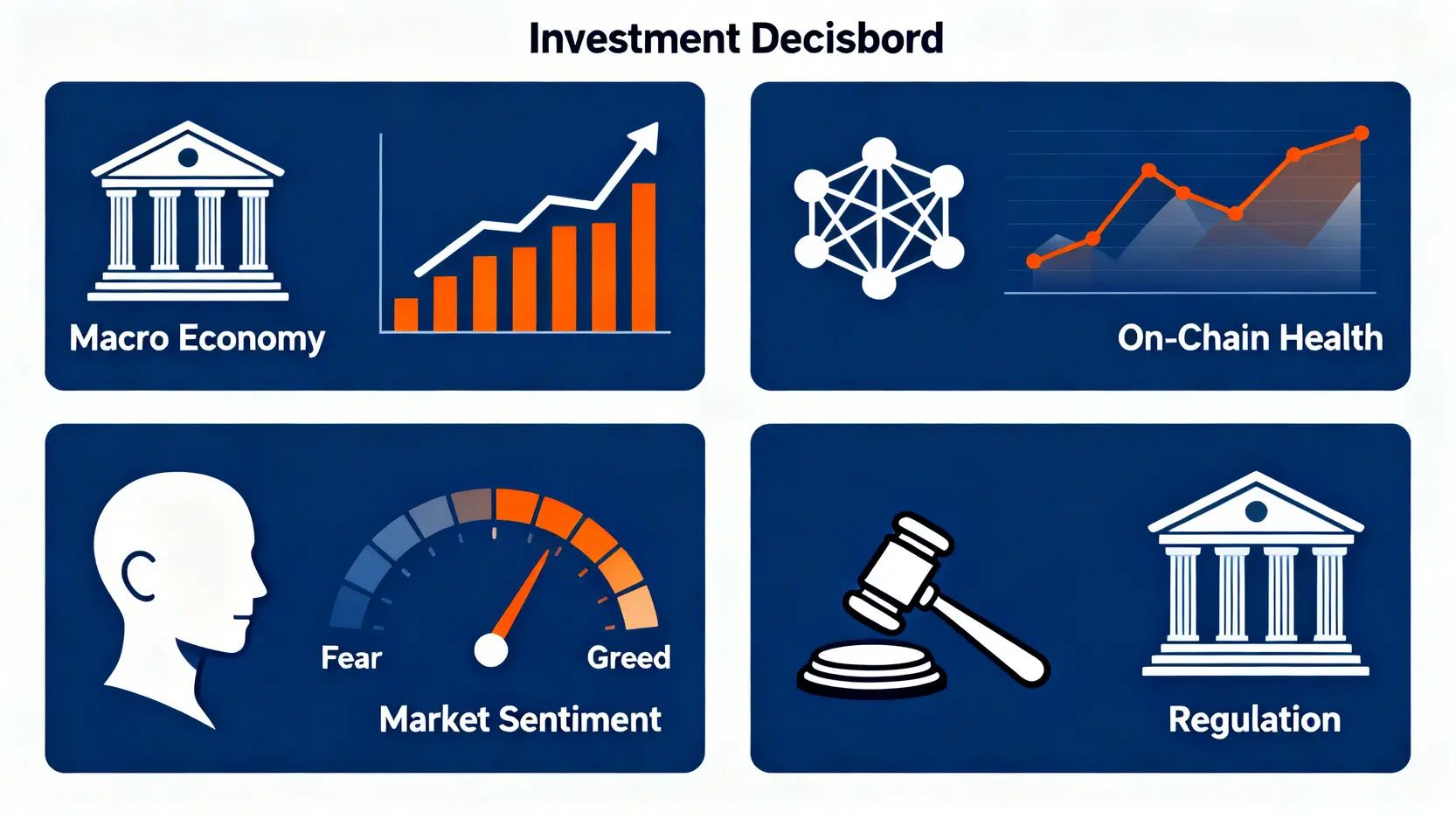 四維度比特幣決策計分卡,包含宏觀經濟、鏈上健康度、市場情緒與監管環境四個象限。