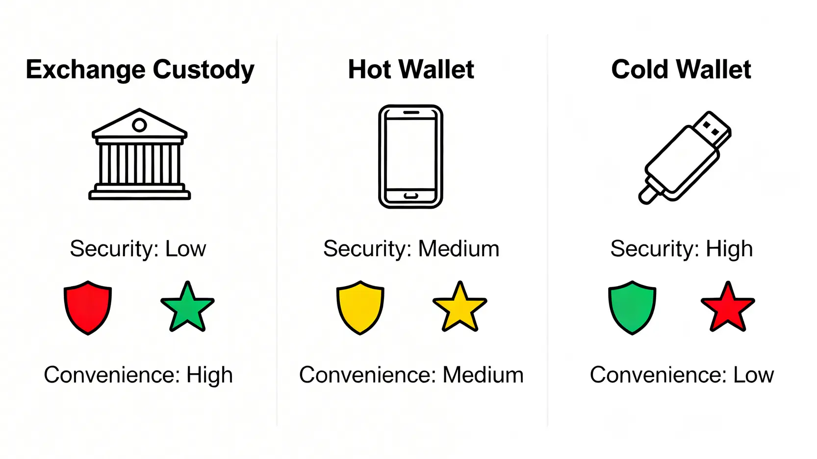 比較交易所託管、熱錢包與冷錢包在安全性與便利性上的差異圖。