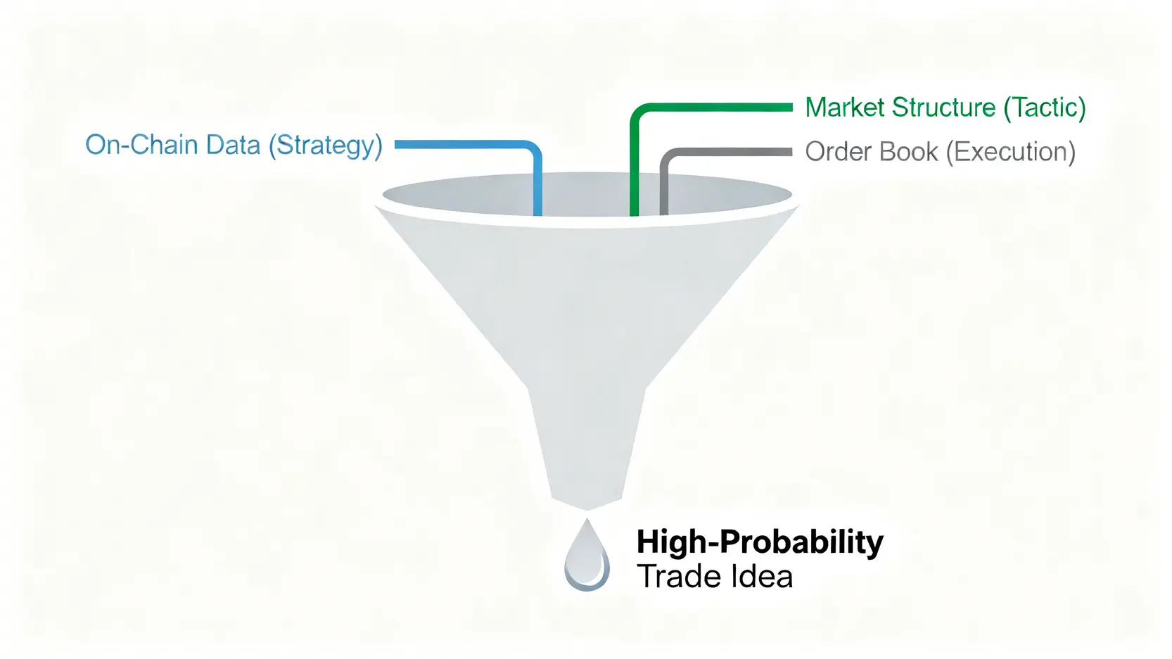一張決策漏斗圖,展示如何整合鏈上數據、市場結構與訂單簿資訊,最終篩選出高勝率的交易機會。