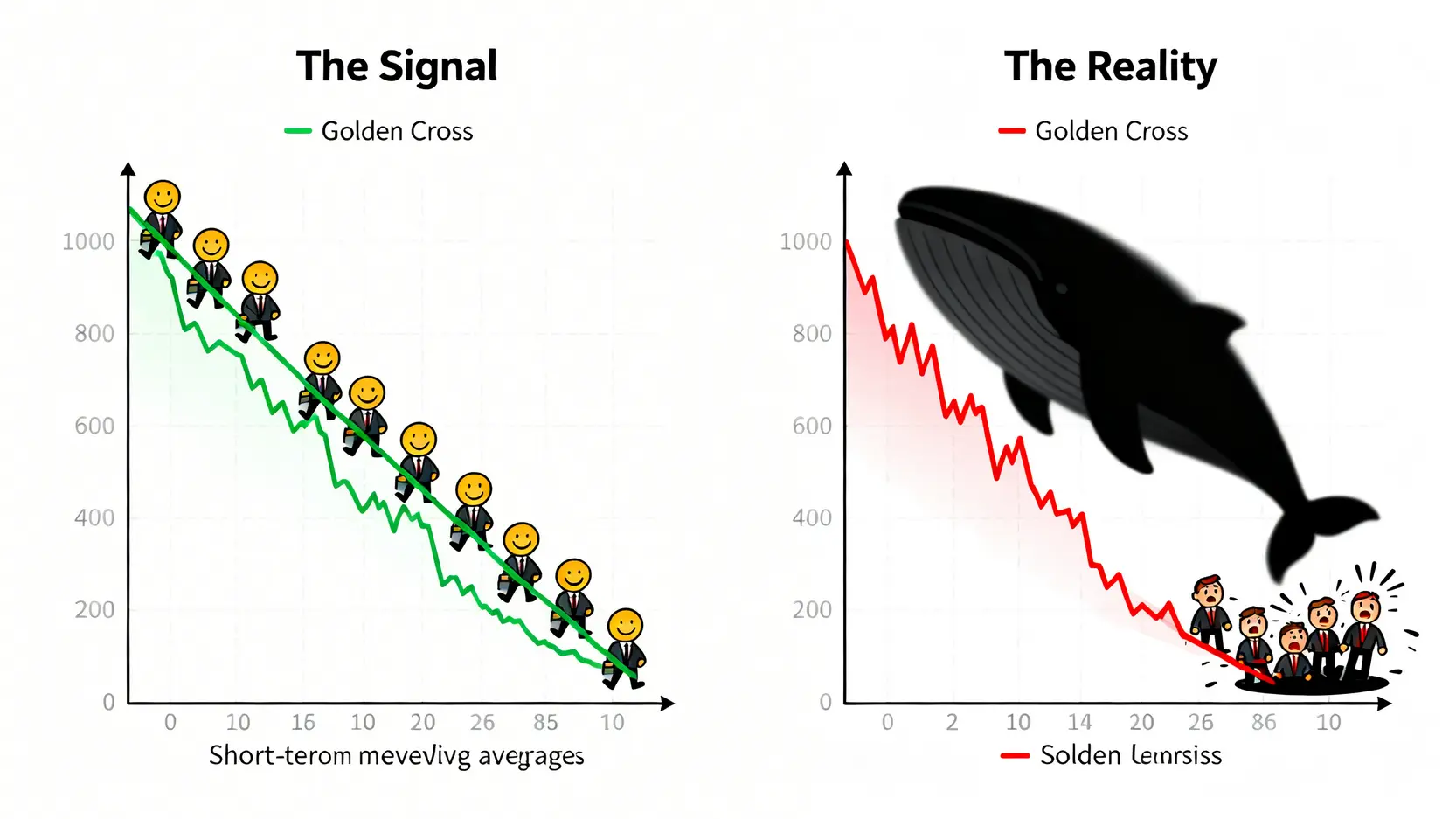 比特幣多頭陷阱示意圖,顯示黃金交叉信號如何誤導投資者。