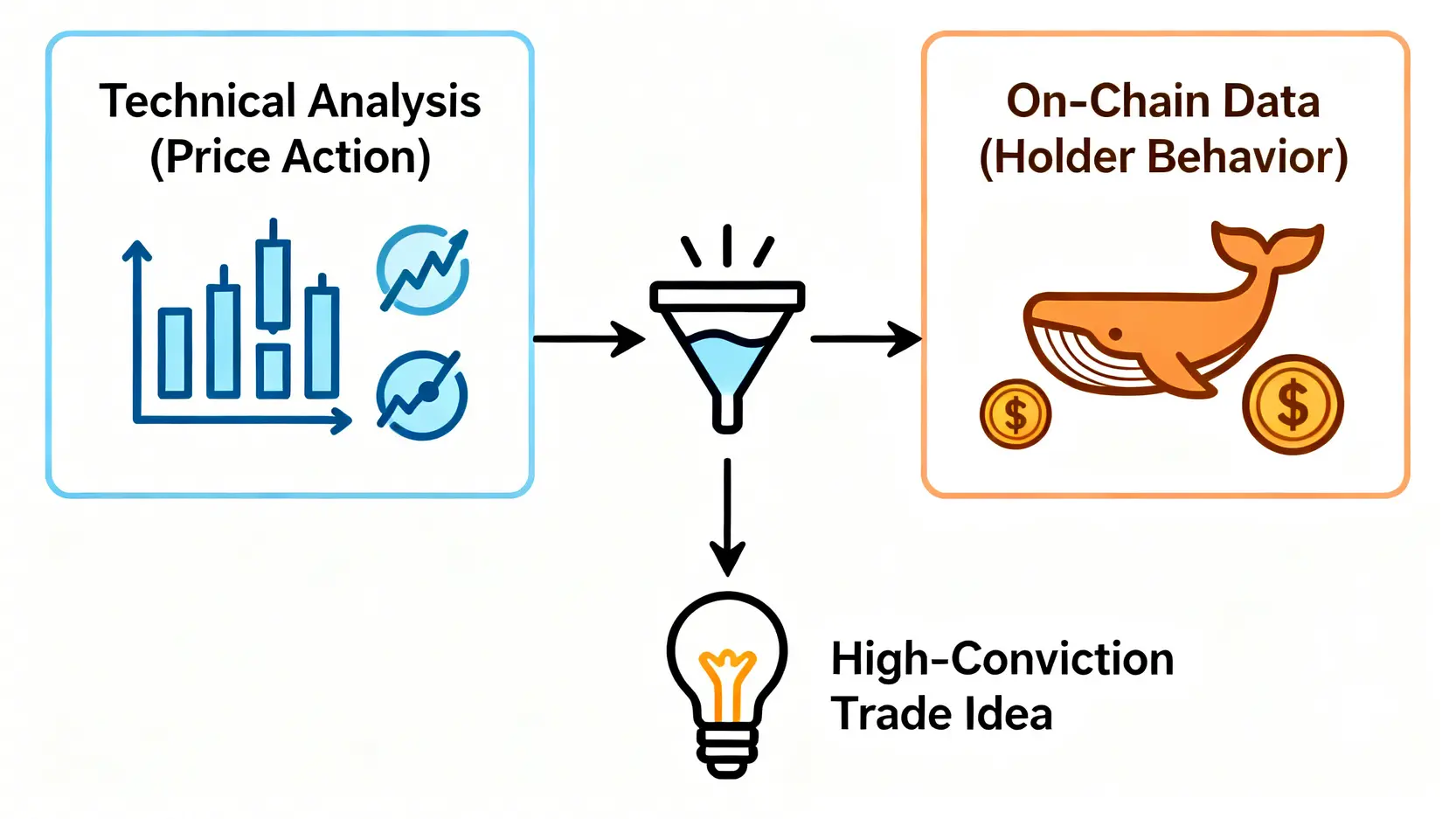 結合技術指標與鏈上數據進行交易決策的示意圖。