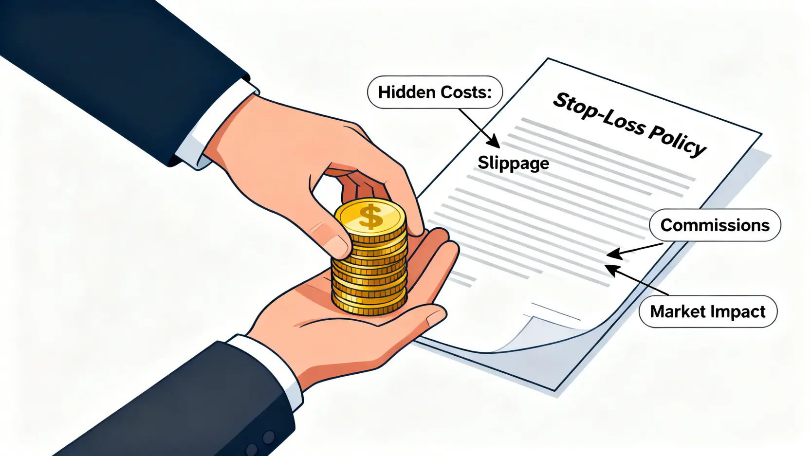 投資者支付金幣購買一份名為「停損保單」的文件,文件上標示著滑價與手續費等隱形成本。
