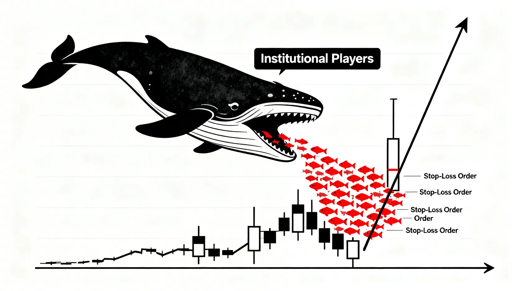 一隻代表主力資金的鯨魚,在金融圖表上向下吞噬一群代表散戶停損單的小魚。