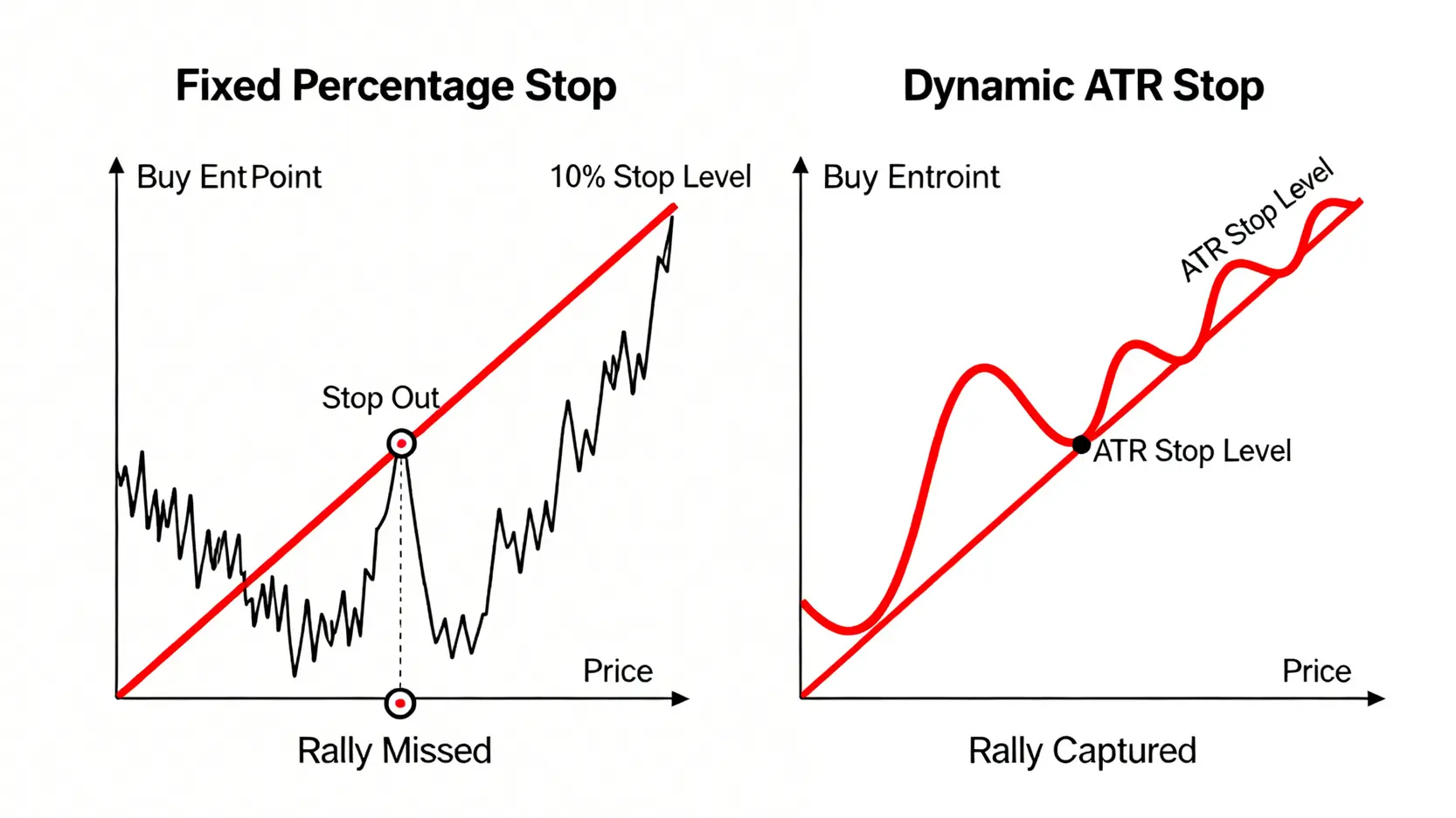 對比圖顯示固定百分比停損(左)因市場正常波動而被觸發,而ATR動態停損(右)則能適應波動並抓住後續漲勢。