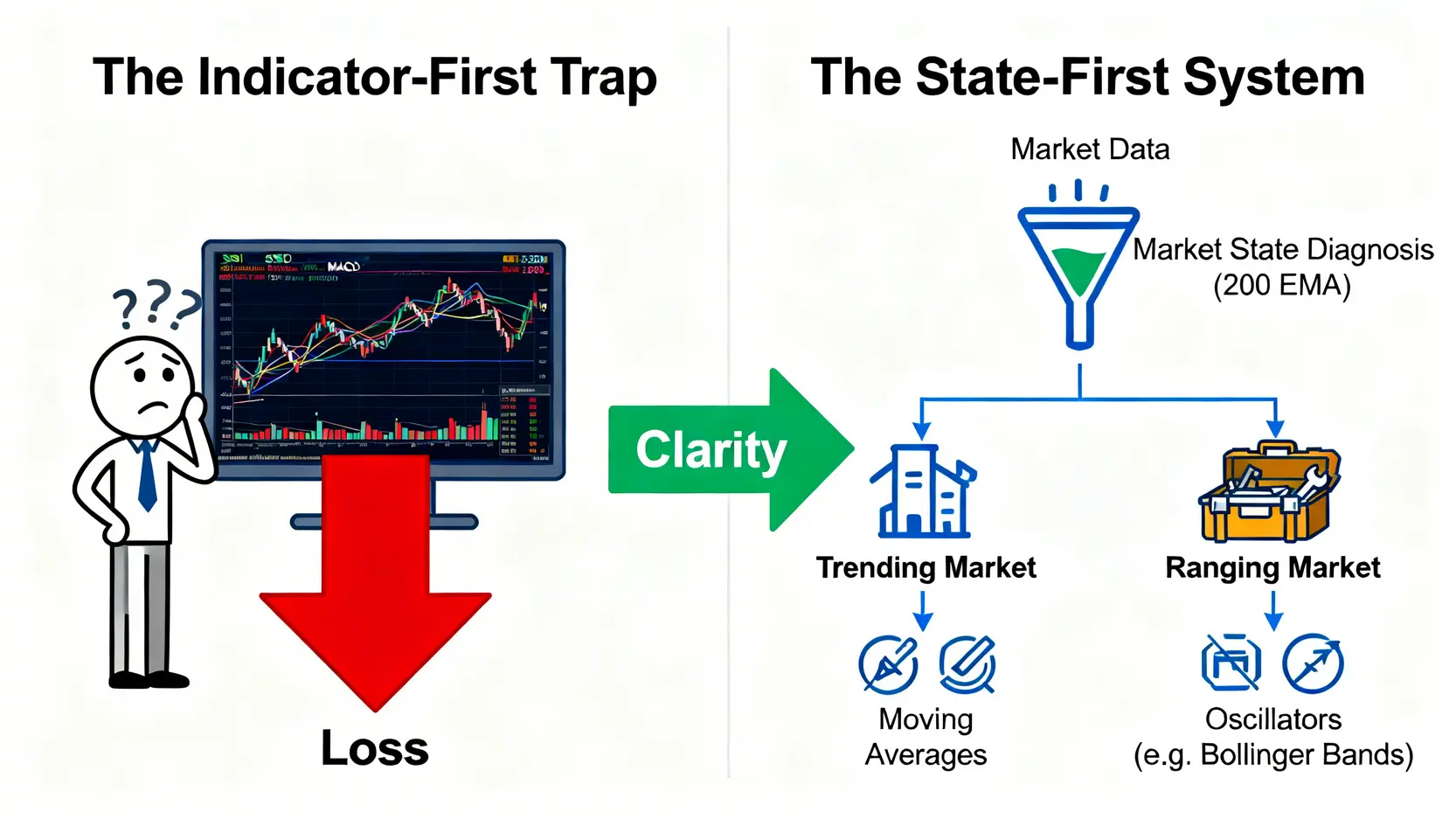 技術分析的兩種思維模式對比圖:錯誤的方式是直接看指標導致混亂,正確的方式是先診斷市場狀態再選擇合適工具。