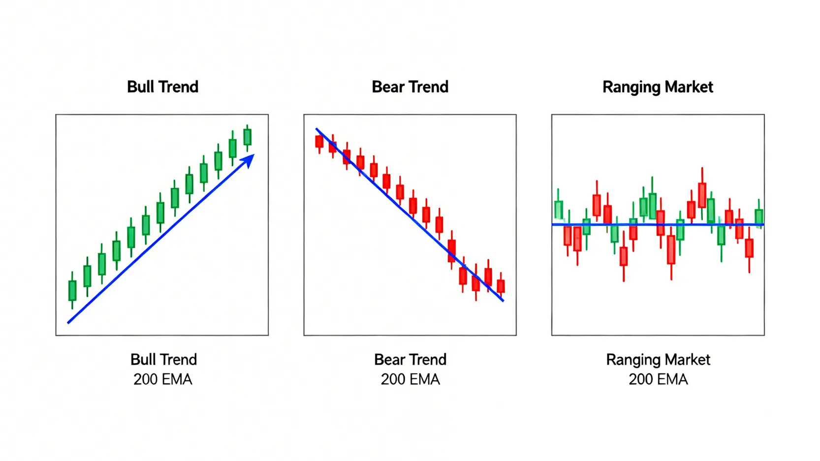 三種市場狀態示意圖:牛市趨勢(價格在200
