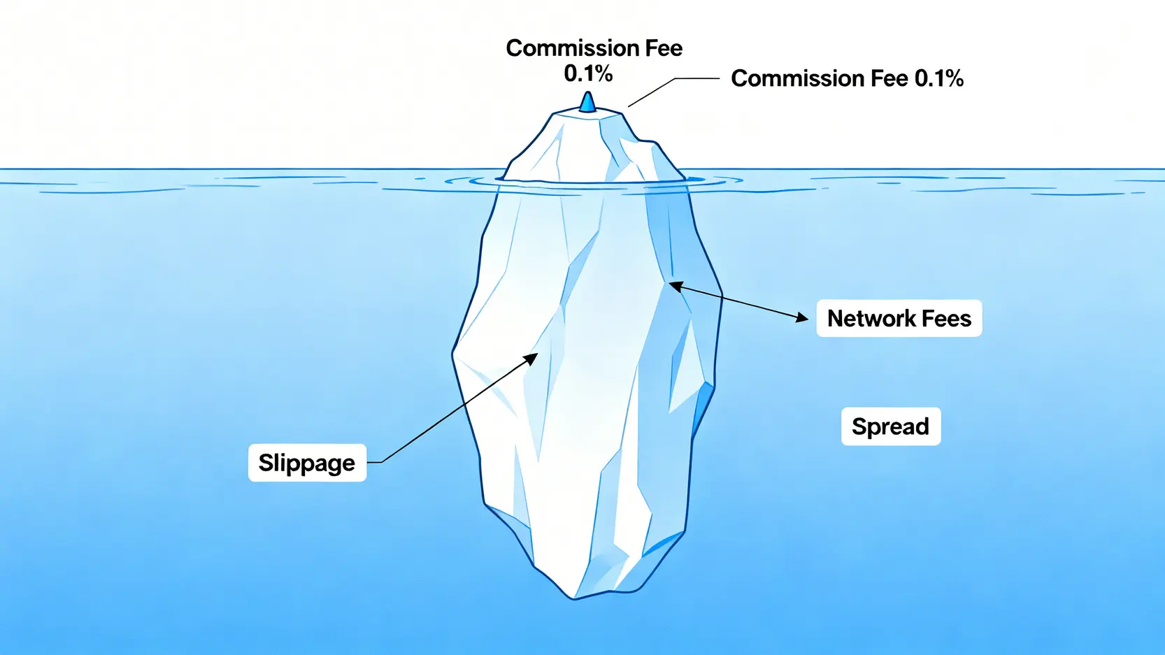 交易成本冰山圖,顯示手續費只是冰山一角,而滑點、價差等隱藏成本佔據了水下更大部分。