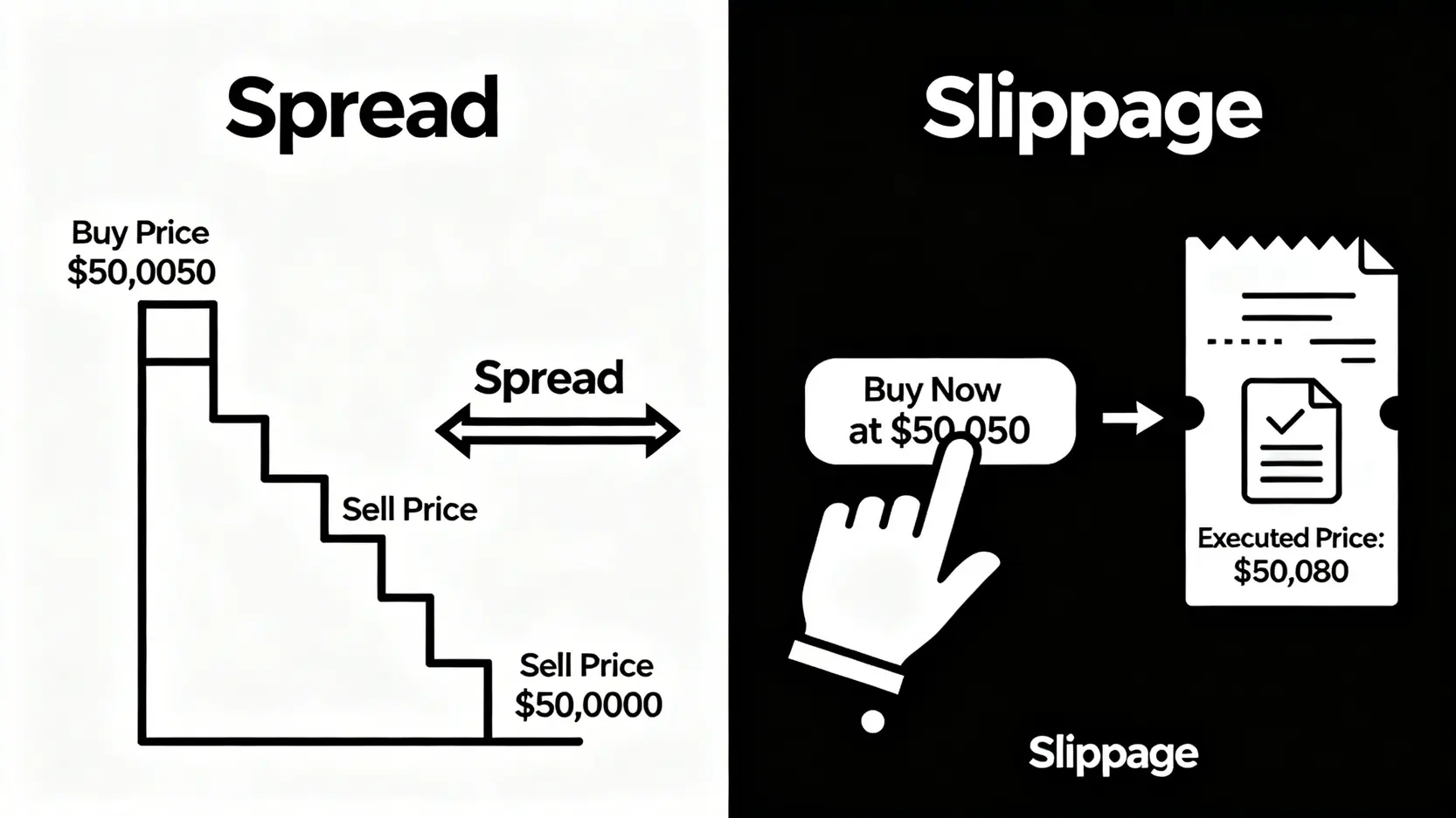 價差與滑點的對比圖,左邊解釋買賣價之間的價差,右邊解釋預期成交價與實際成交價之間的滑點。