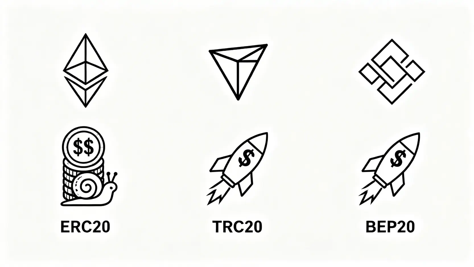 三種主流提幣網路ERC20、TRC20、BEP20的成本與速度比較,顯示ERC20昂貴且慢,而TRC20與BEP20便宜且快。