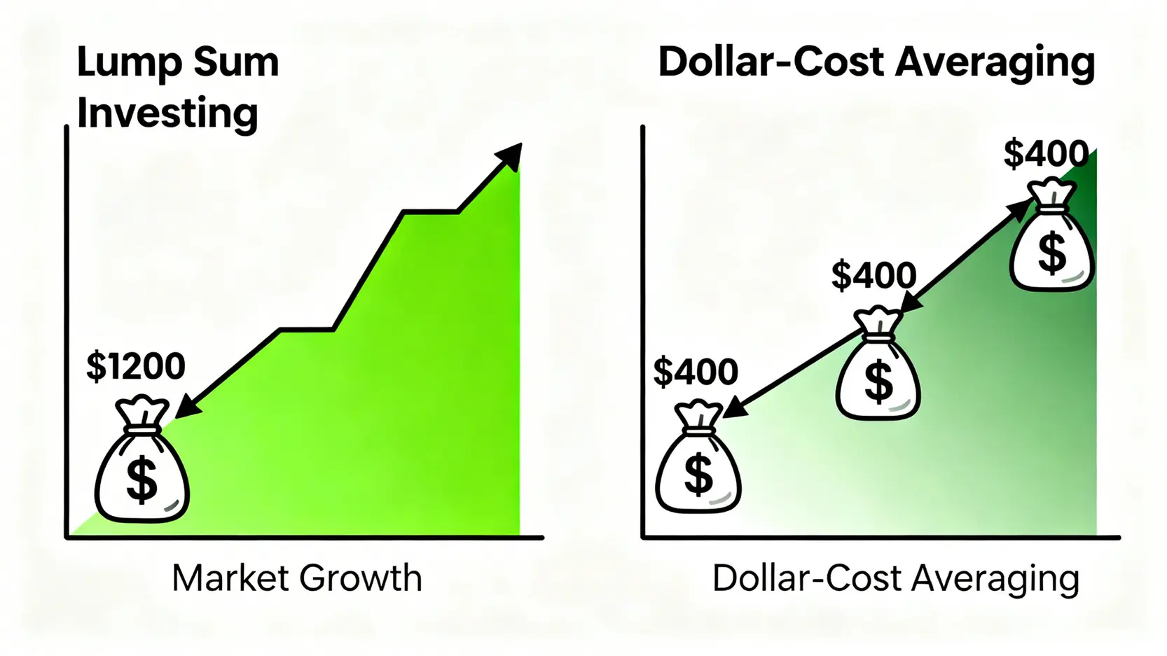 單筆投入與定期定額在牛市中的表現對比示意圖,顯示單筆投入能更完整地捕捉市場成長。