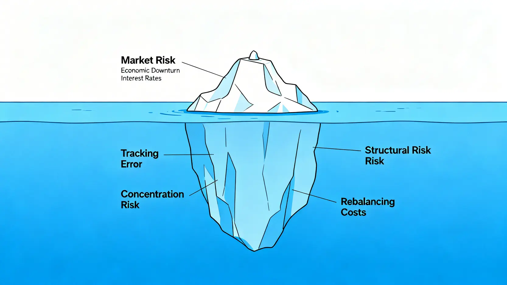 冰山圖說明投資風險,水面上的市場風險是可見的小部分,水面下的結構性風險是巨大且被忽視的部分。