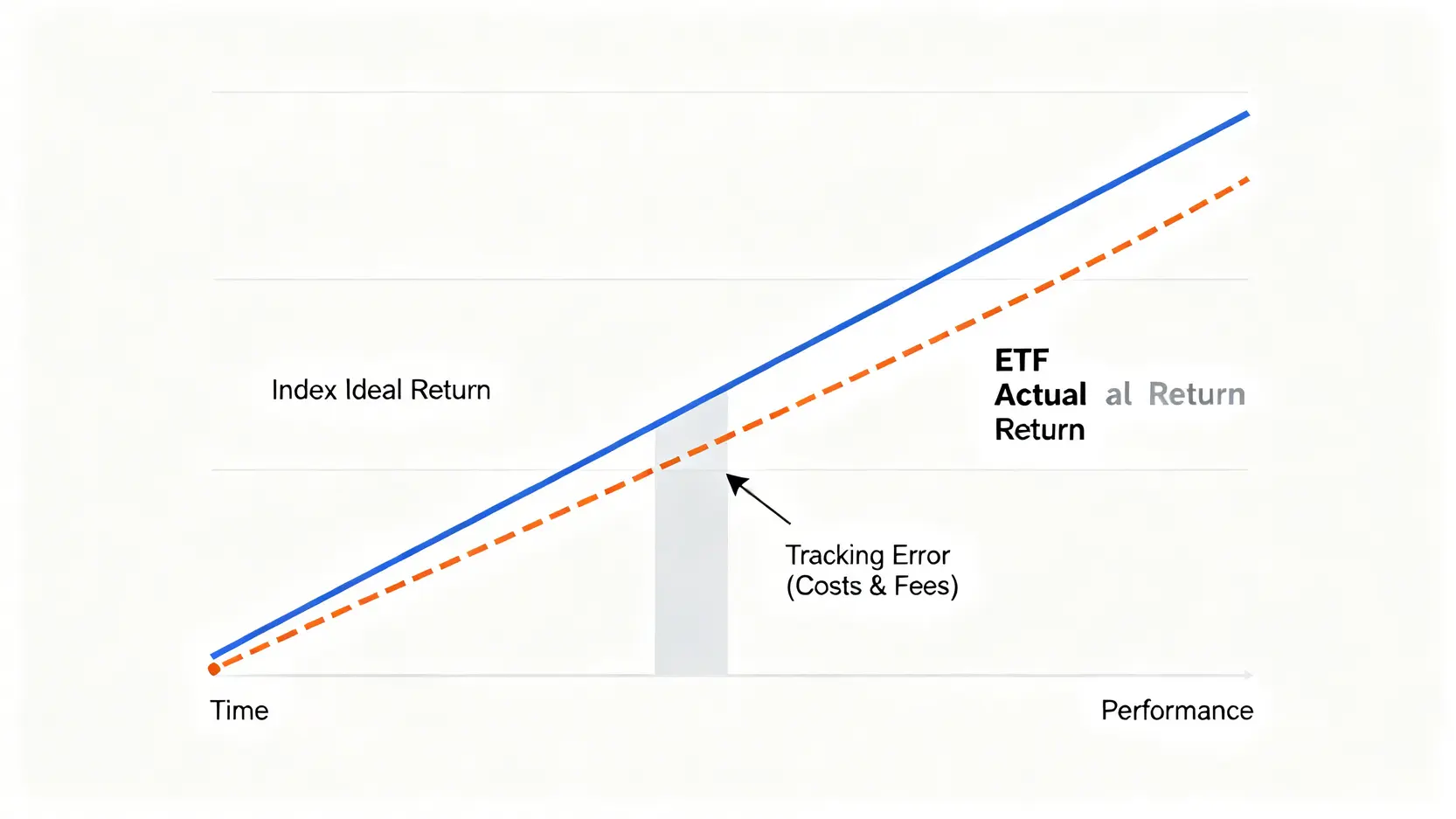 折線圖顯示指數的理想回報與ETF的實際回報之間的差距,這個差距被標示為追蹤誤差。