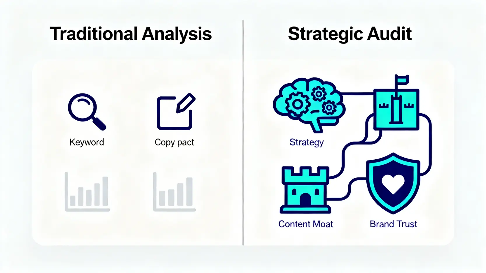 一張對比圖,左側為傳統的淺層對手分析,右側為現代的深度戰略審計,突顯了分析深度的演進。