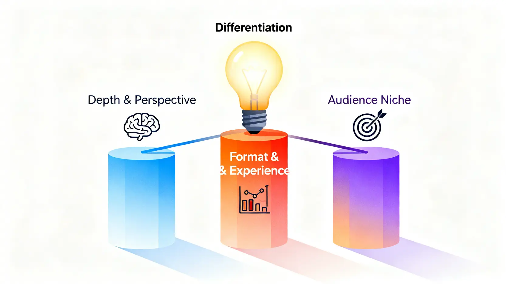 一張概念示意圖,展示了內容差異化的三大核心維度:深度與視角、格式與體驗、以及目標客群再切分。