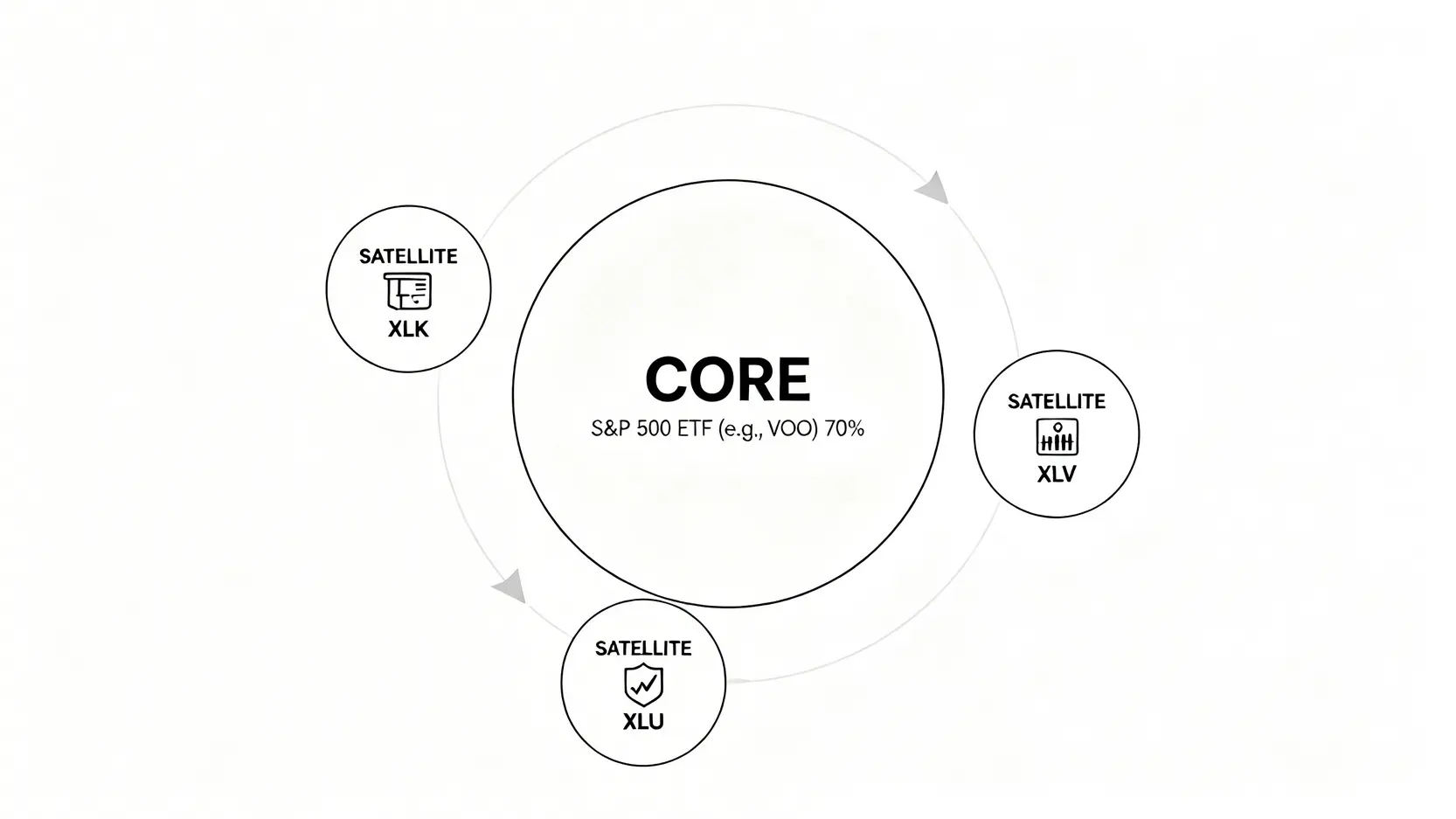 核心-衛星投資組合策略示意圖,中心為大盤指數ETF核心持倉,周圍是可輪動的行業板塊ETF衛星持倉。
